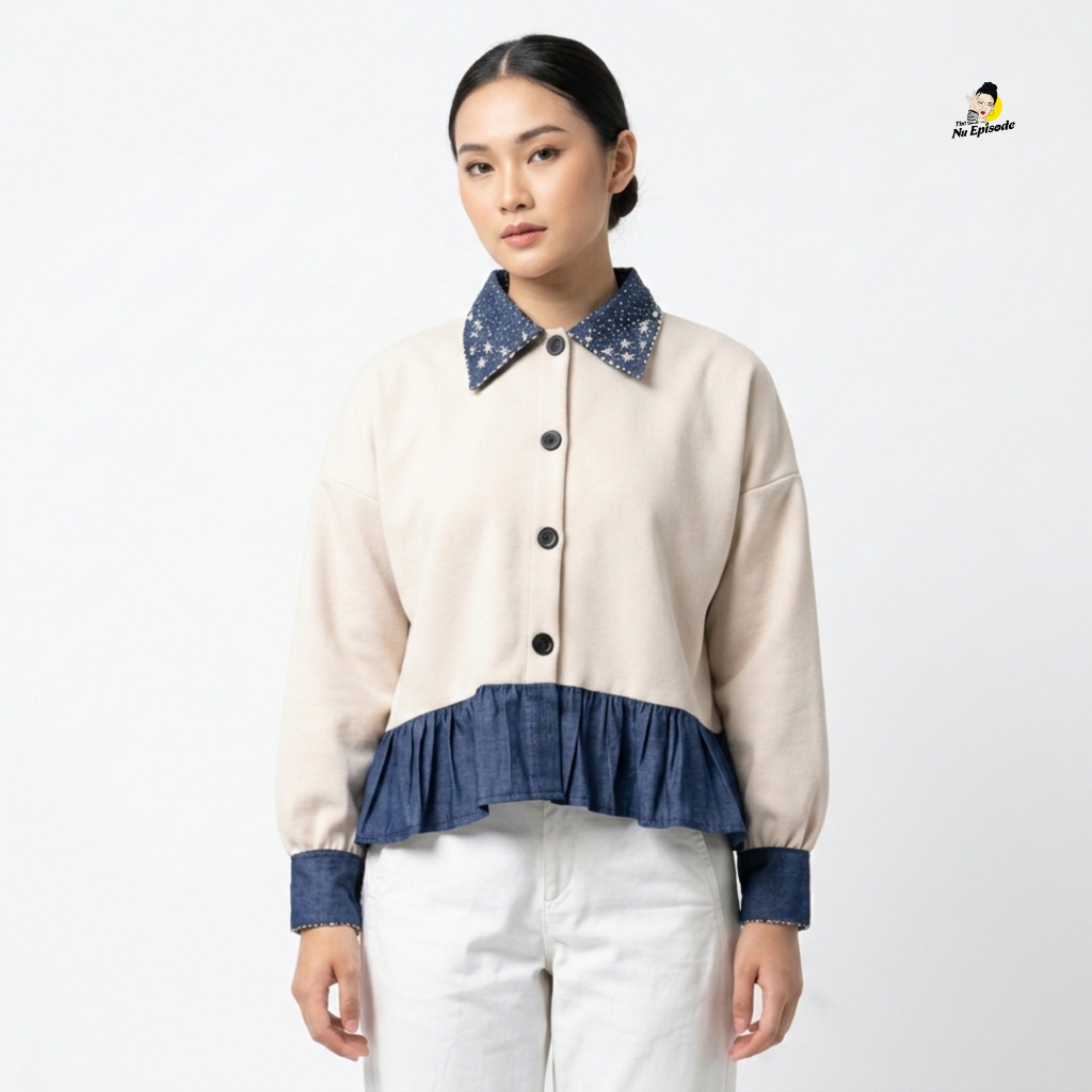 THE NUEPISODE - Sora Top - Atasan Wanita Semi Wool Blouse Kerah Denim Aksen Payet