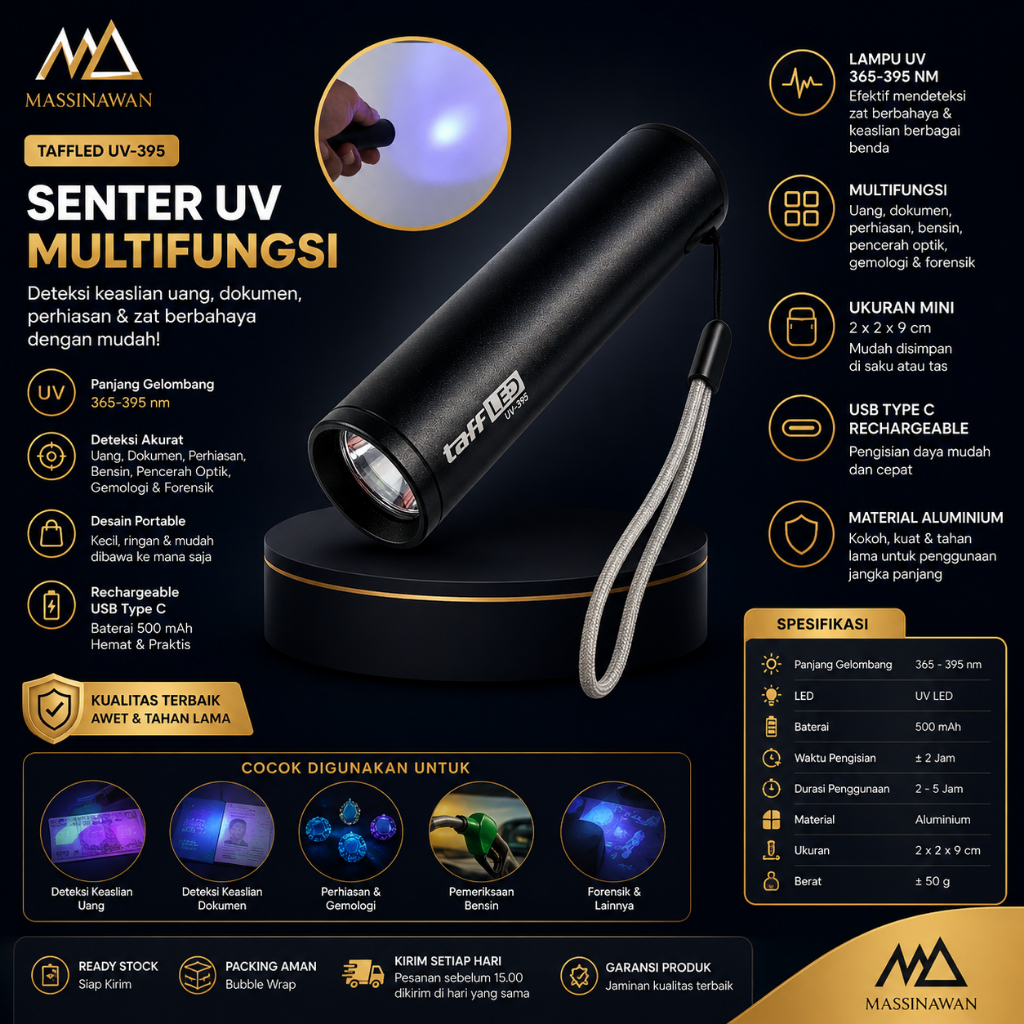 Senter UV LED 365-395nm Mini Rechargeable Type C Deteksi Uang Palsu & Dokumen