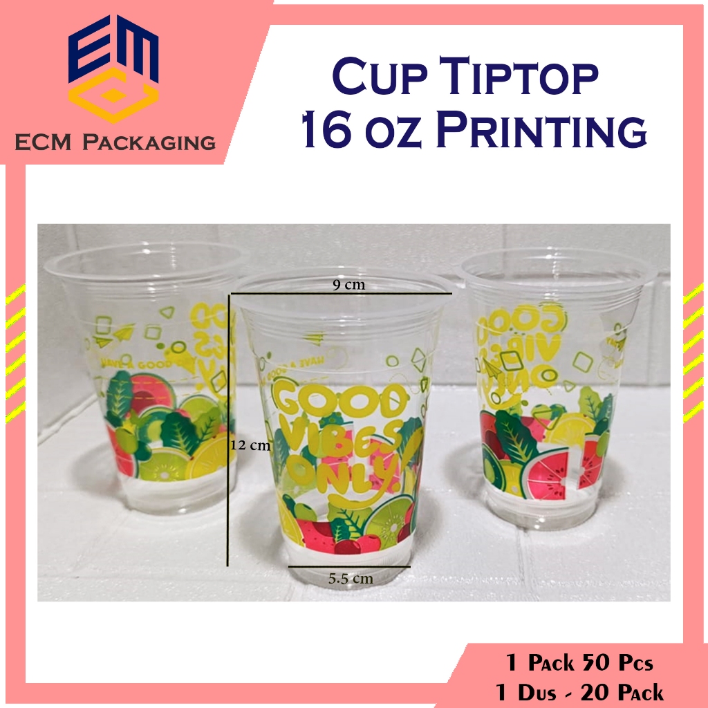 50pcs Cup 16 oz Gelas Plastik Datar TIPTOP Printing | Cup Gelas MOtif Gelas Es Teh Juice | Gelas 16 