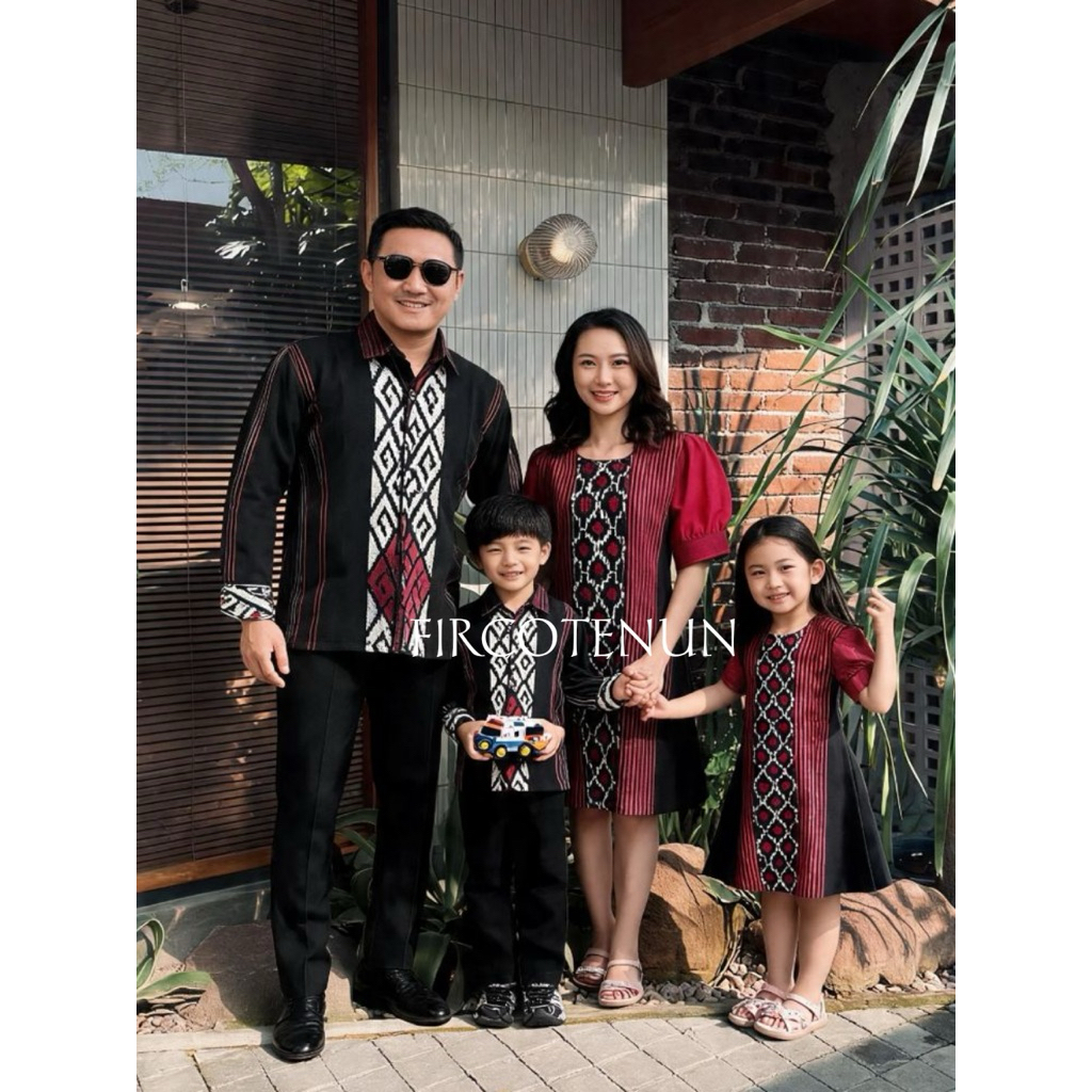 Couple Keluarga Tenun Toraja Hitam Maroon - Sarimbit Keluarga Tenun - Kemeja Tenun Pria & Dress Tenu