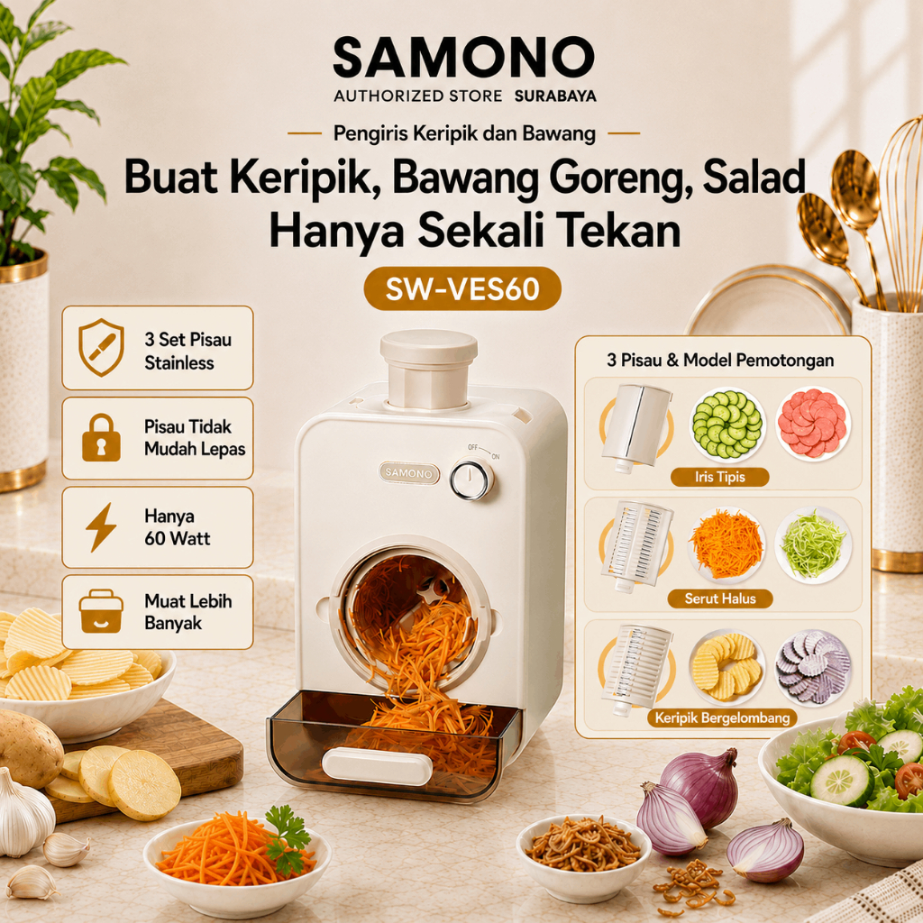 SAMONO Pemotong Sayur Keripik Otomatis 60 Watt 3 Model Pisau Mesin Pembuat Kentang Mustofa Keripik S