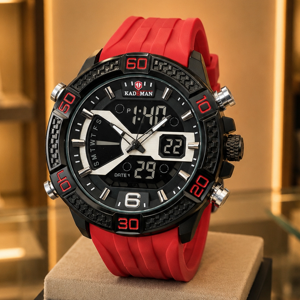 Kademan - Jam Tangan Analog Digital Pria - Black Case - Red Rubber Strap - K7004M-A