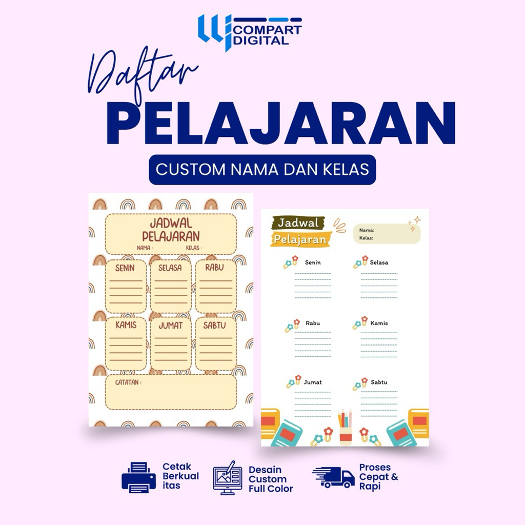Jadwal Pelajaran Sekolah Custom Nama & Kelas - Kertas Jadwal Pelajaran Estetik Anak SD SMP SMA