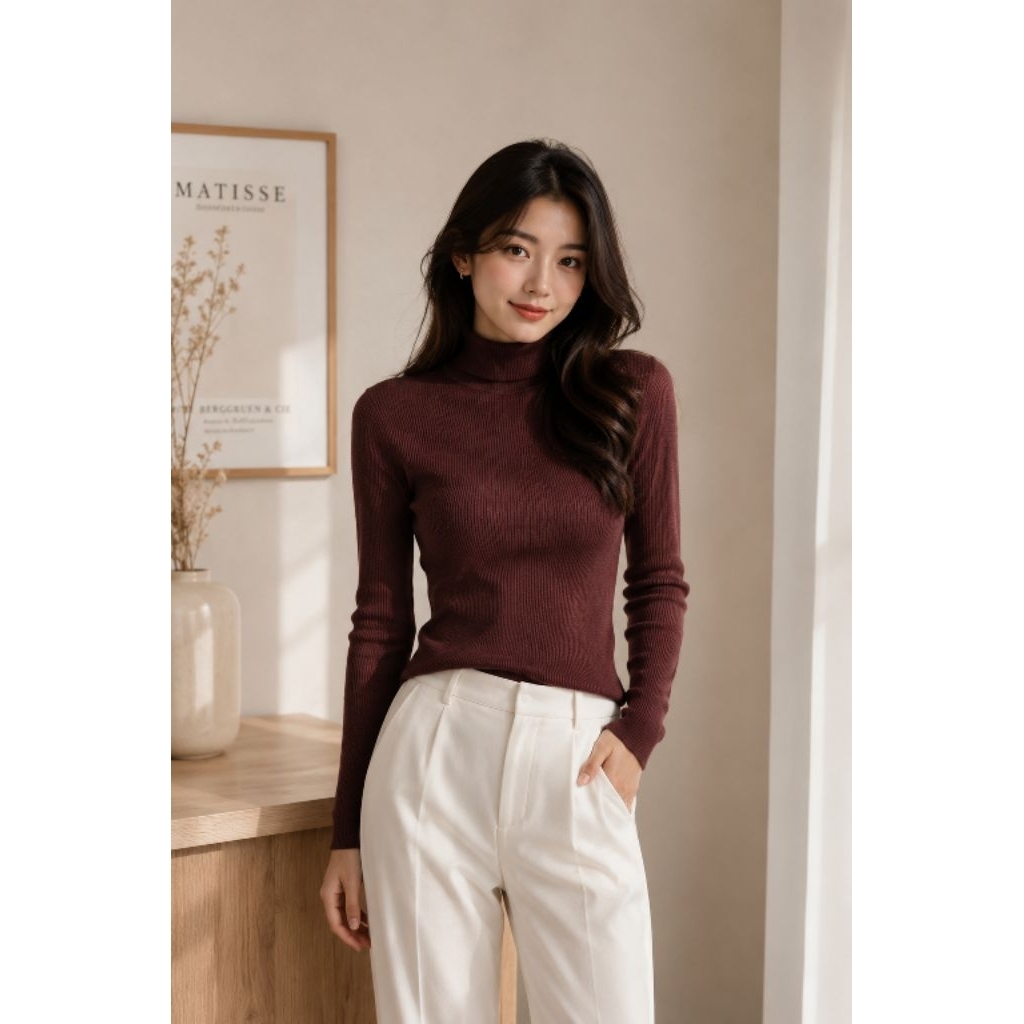 AGHNIASTOREJKT GU UNIQLO INNER RAJUT LIDI PRESSBODY TURTLENECK COKLAT MAHOGANY