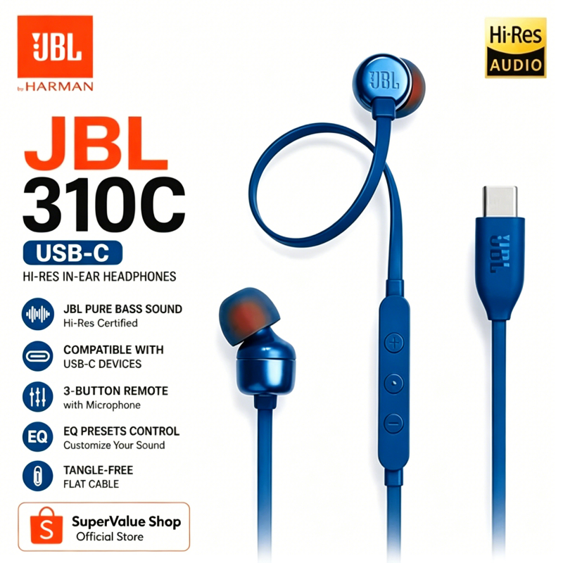 JBL Tune 310C Wired Earphone Type C Original Harman – Super Bass
