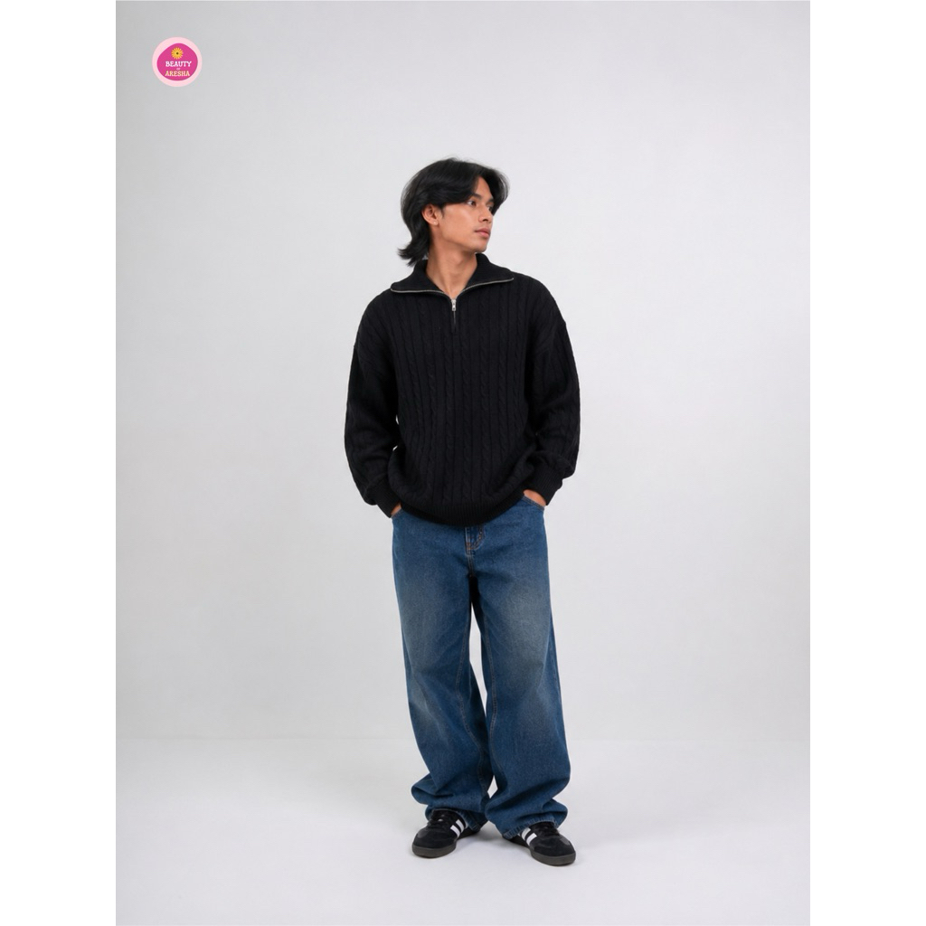 Sweater Half Zipper Kepang Cable Knit Oversize Unisex