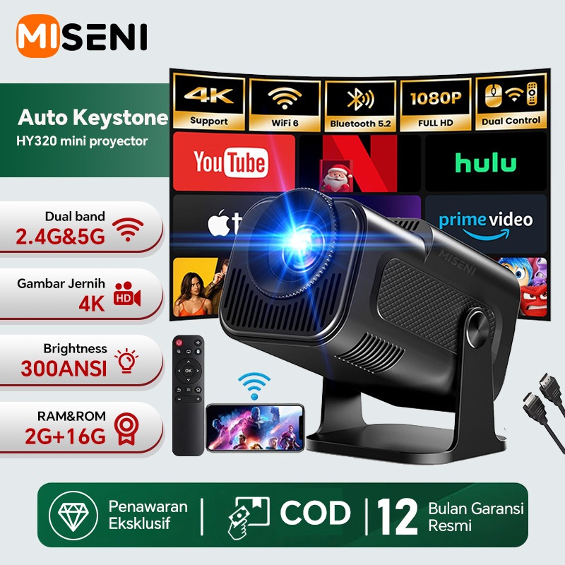 MISENI HY320 Mini Smart Proyektor Android 13.0 4k full hd 2G RAM+16G ROM Dual Band 2.4g&5g 10000 Lum