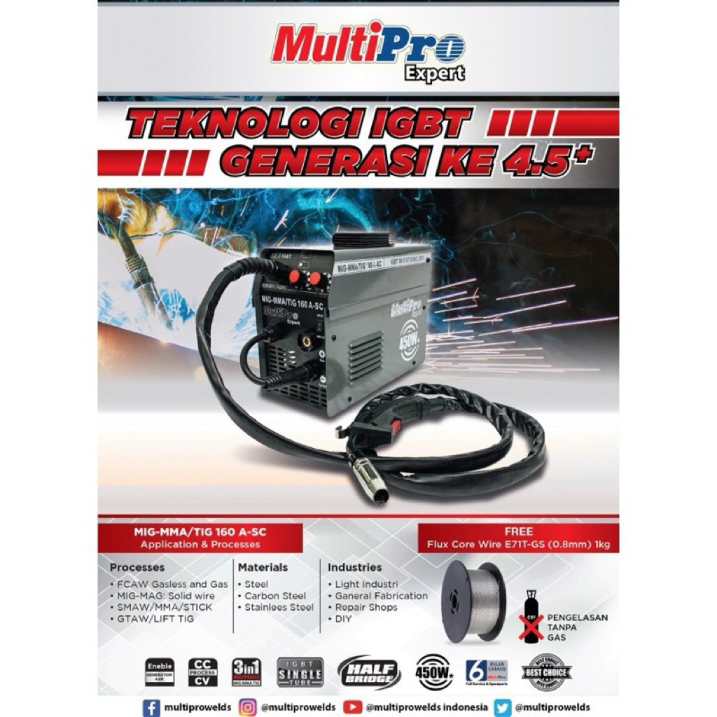Mesin Las MIG/MMA/TIG 160 Argon CO2 Tanpa Gas Flux CO MULTIPRO MIG-MMA/TIG 160