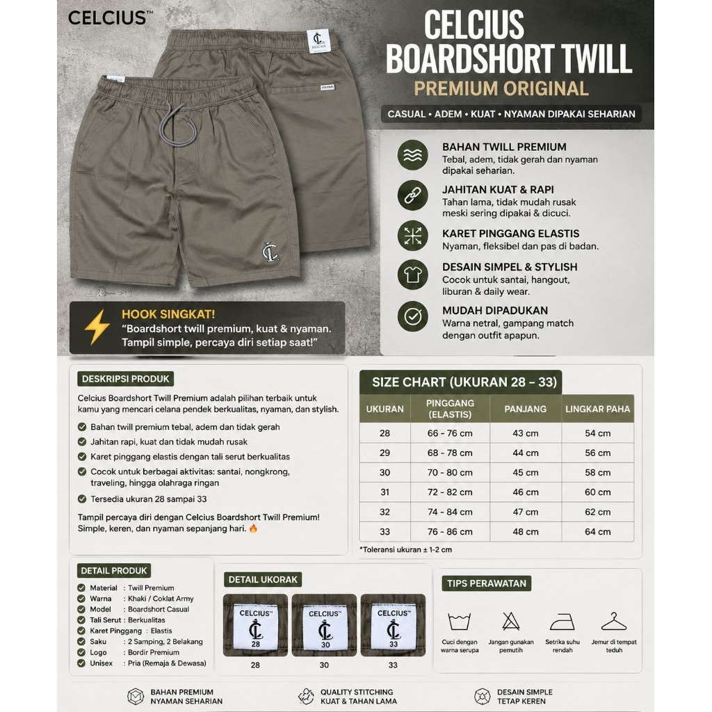 CELCIUS Celana Pendek Pria Boardshort Twill Khaki Casual Distro Premium Size 28-33