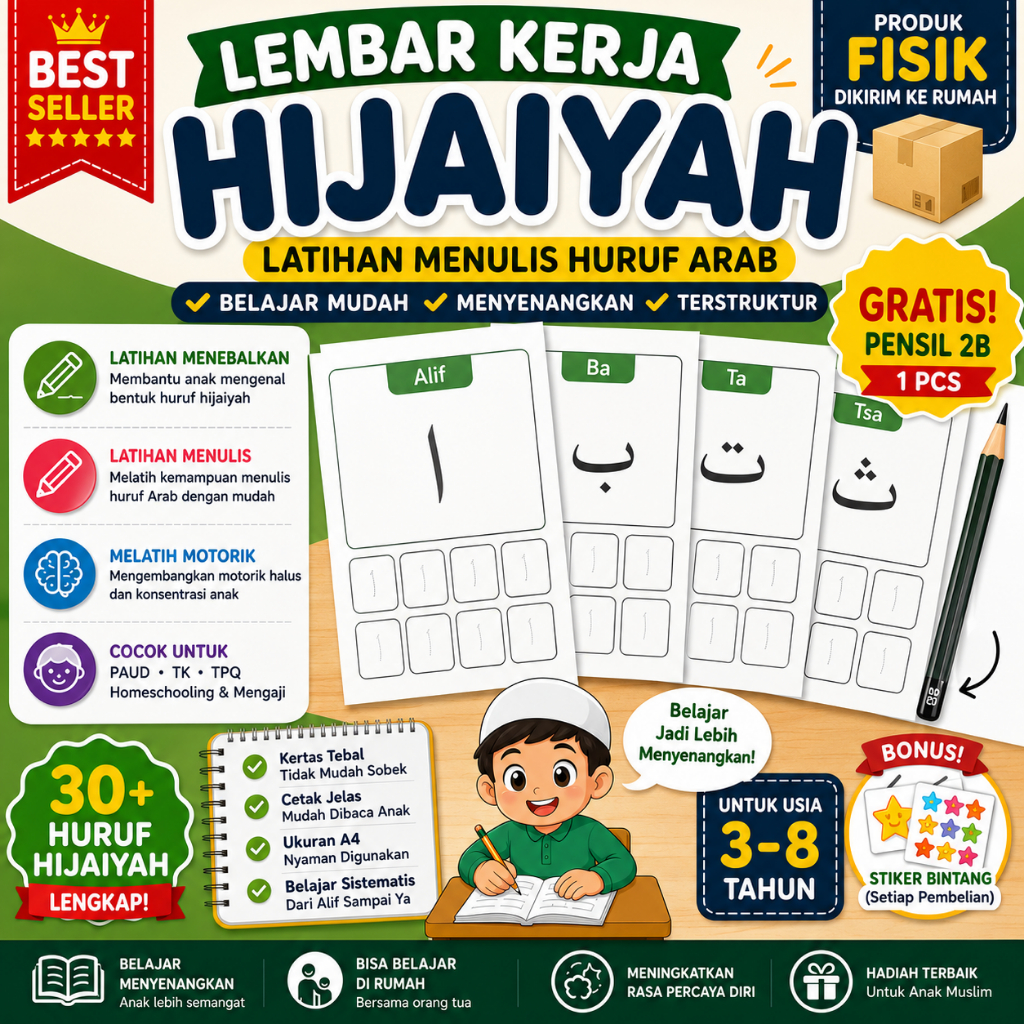 Worksheet Huruf Hijaiyah A5 Printable - Belajar Mengaji Anak PAUD TK