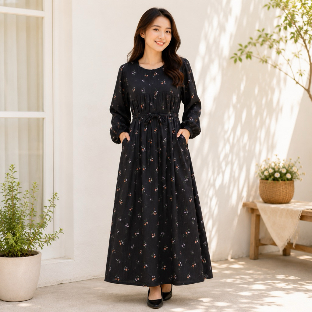 Arnis Gardenia Gamis Floral Babydoll Busui Friendly Wanita Maxi Dress