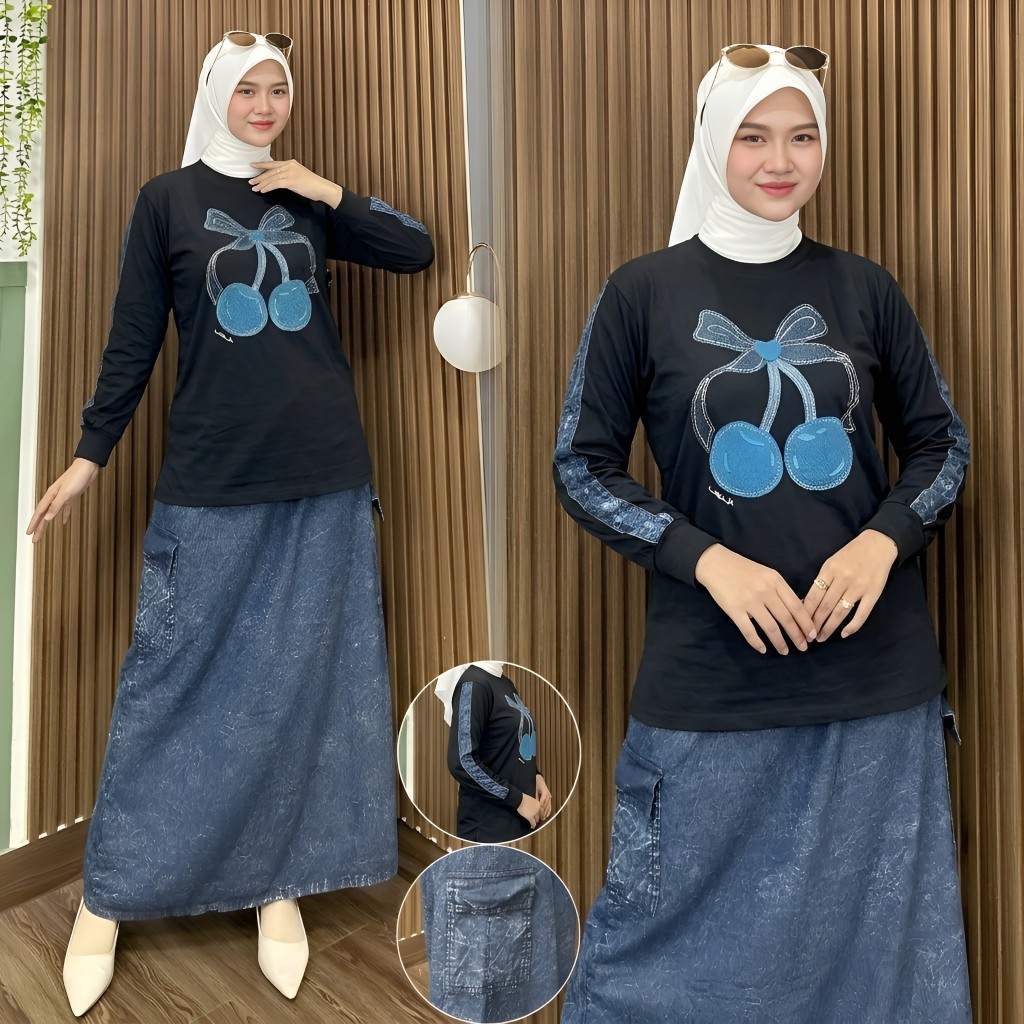 PROMO SETELAN WANITA JEANS PREMIUM 2 IN 1 CASUAL & TRENDY,  Setelan Rok Wanita Berhijab One Set Keki