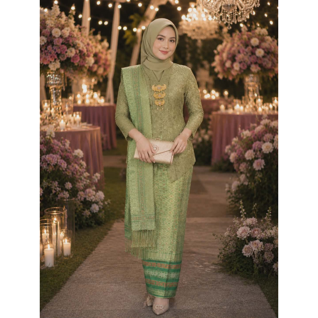 KEBAYA MODERN MEDAN OLIVE SET KEBAYA KARTINI MODERN BROKAT LAPIS FULL FURING KATUN LENGAN 7/8 KANCIN