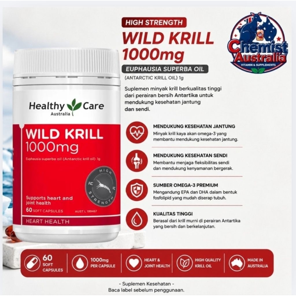 Healthy Care Wild Krill Oil 1000mg 60 Soft Capsules Original Australia | Omega 3 Premium