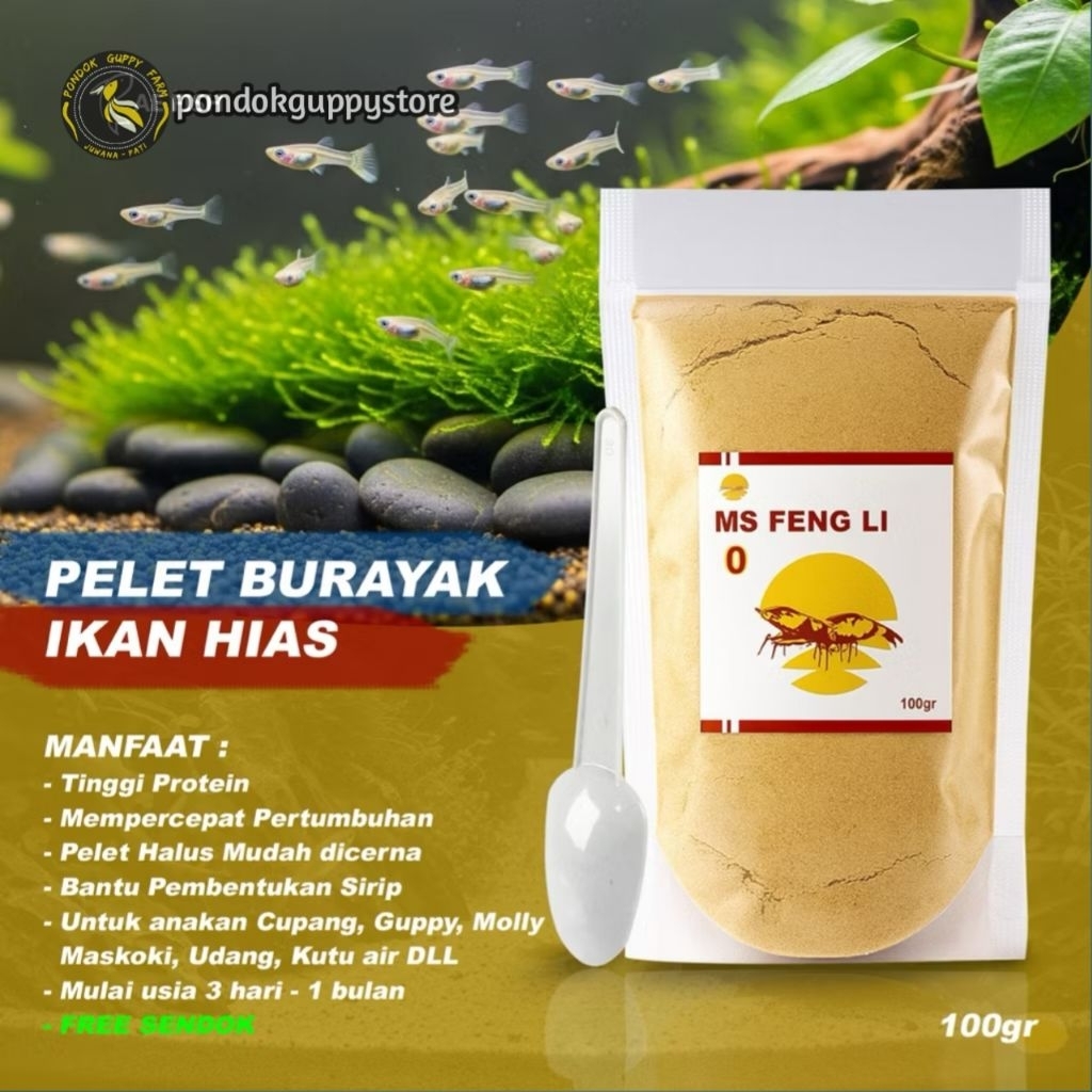 Pelet Fengli 100 gram pakan burayak guppy molly cupang kutir udang