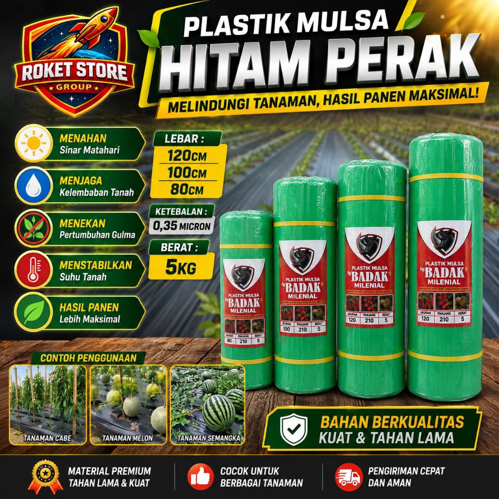 PLASTIK MULSA PERTANIAN HITAM PERAK 1 ROL 5KG LEBAR 120CM 100CM 80CM KETEBALAN 35 MICRON GROSIR