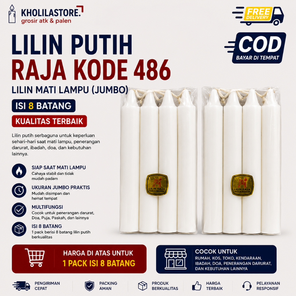 Lilin Putih Raja 486 Lilin Mati Lampu Jumbo Lilin Darurat Lilin Ibadah 1 Pack Isi 8 Batang