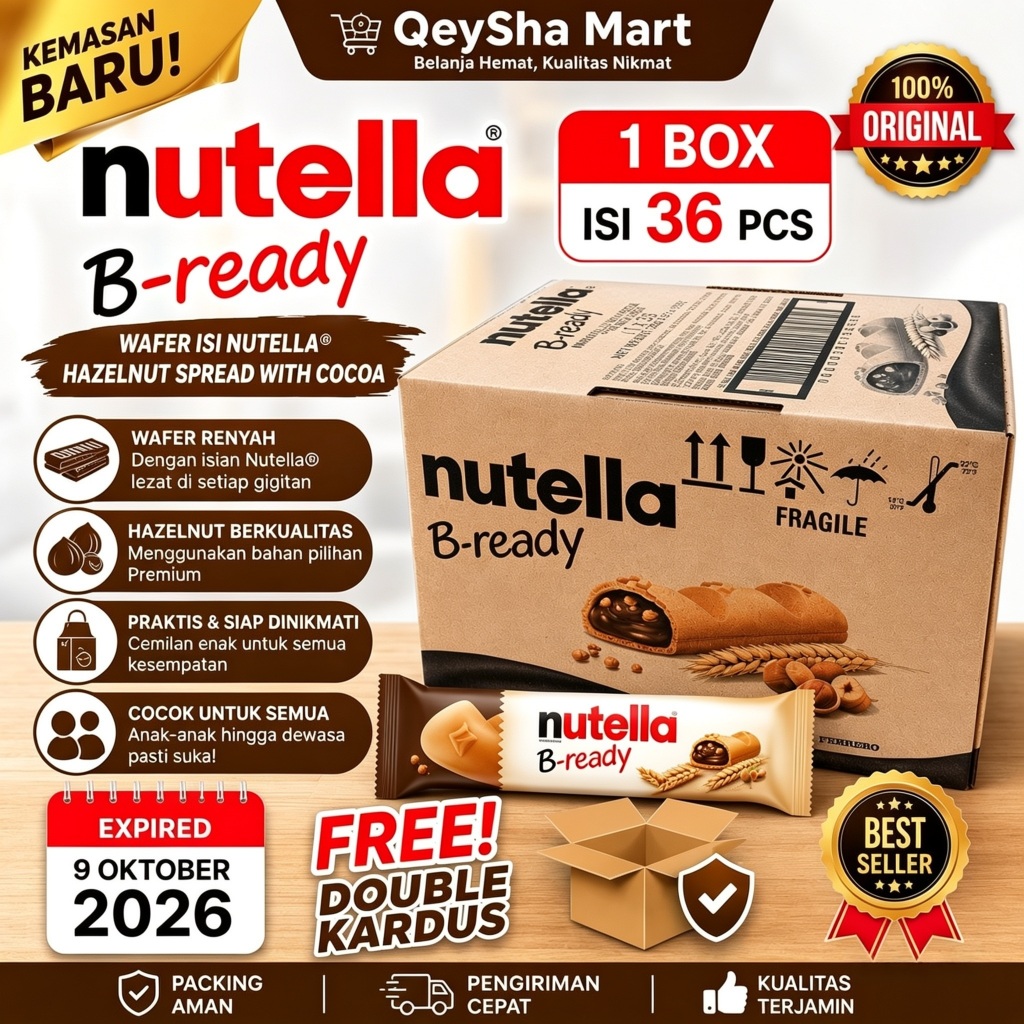Nutella B-Ready Wafer Hazelnut Original HALAL Kemasan Baru 22g x 36 Pcs Exp 9 Oktober 2026