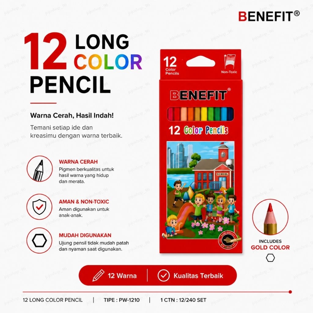 Pensil Warna BENEFIT PW-1210 Panjang, Pigmen Berkualitas, Kayu Tahan Lama, Include Warna Emas