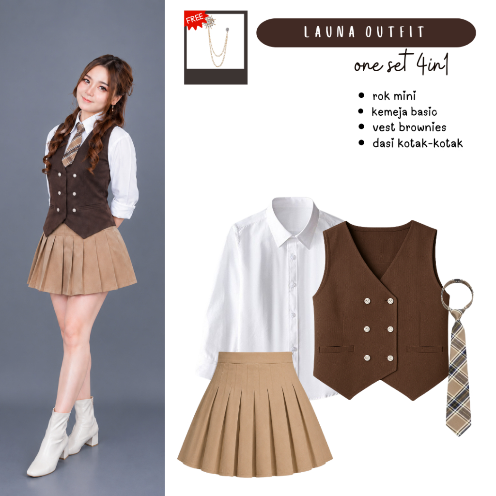 One Set Vintage Wanita | Kemeja, Vest Brownies, Rok Mini, Dasi | Set Outfit Dark Academia - FC120