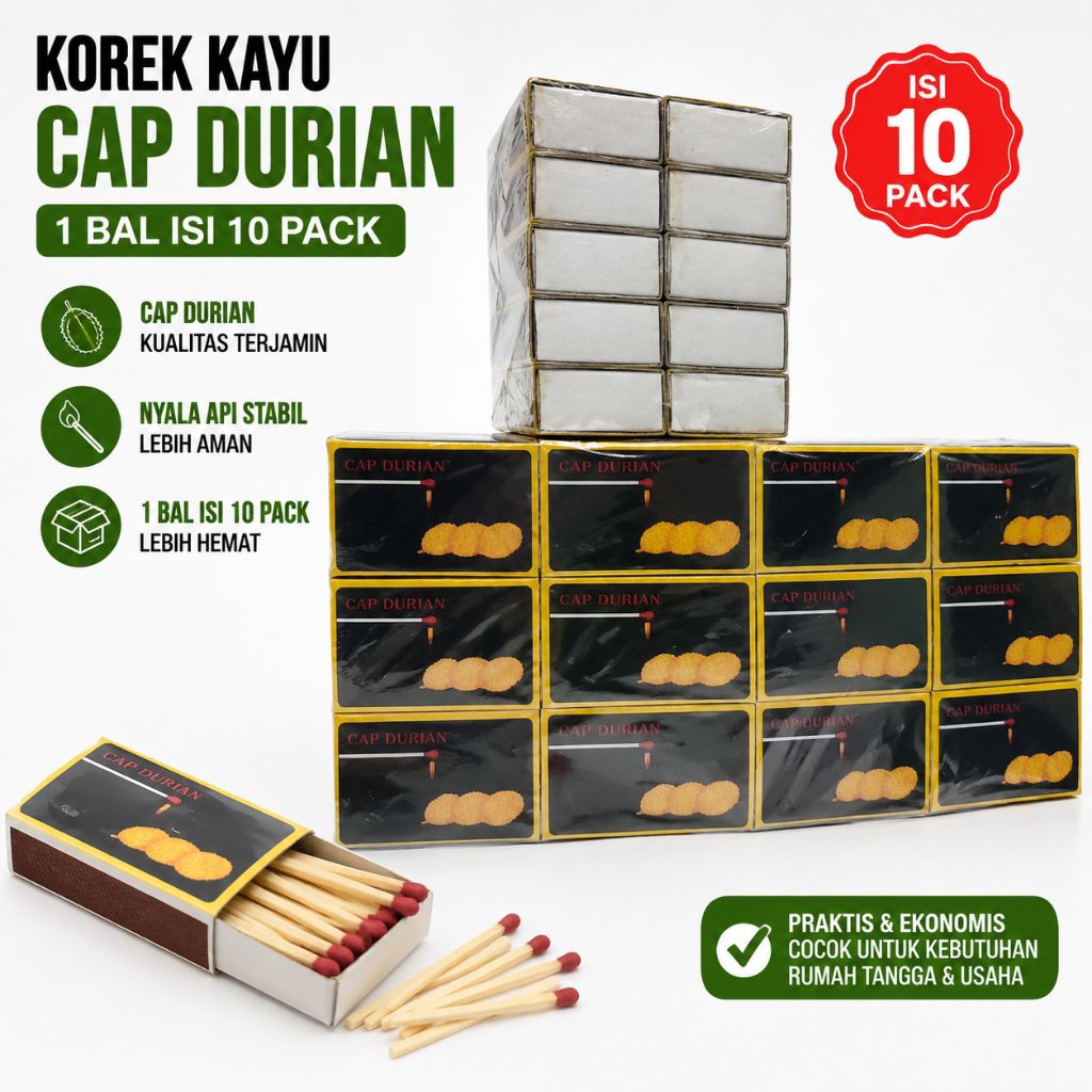Korek Kayu Cap Durian 1 Bal Isi 10 Pack | Korek Api Kayu Berkualitas