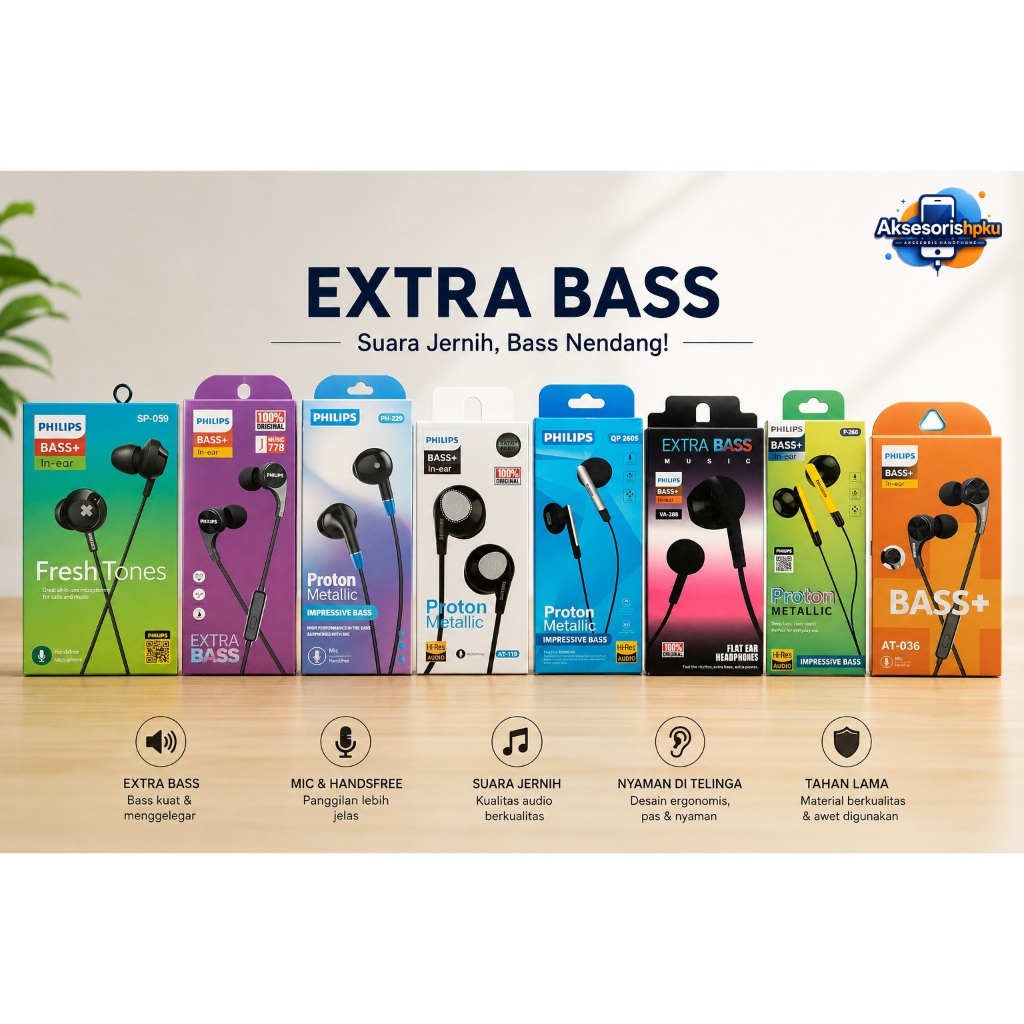 Earphone Philips Extra Bass HF Universal + Mic QP-268S PH-229 AT-036 PH-268 VA-298
