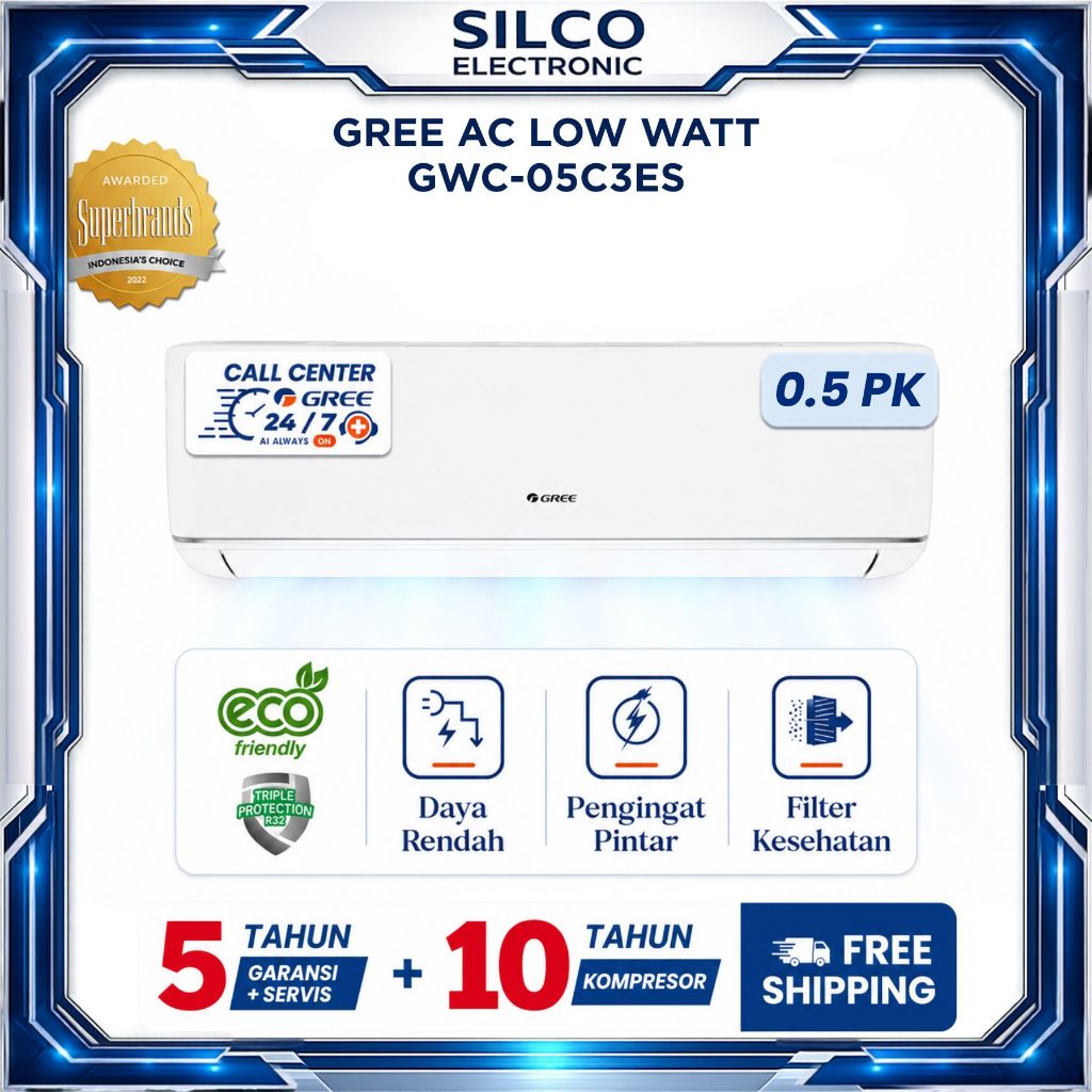 GREE AC LOW WATT 0.5 PK GWC-05C3ES 1/2 PK Deluxe C3ES Pendingin Ruangan C3E (S) 1 PK Non - Inverter 
