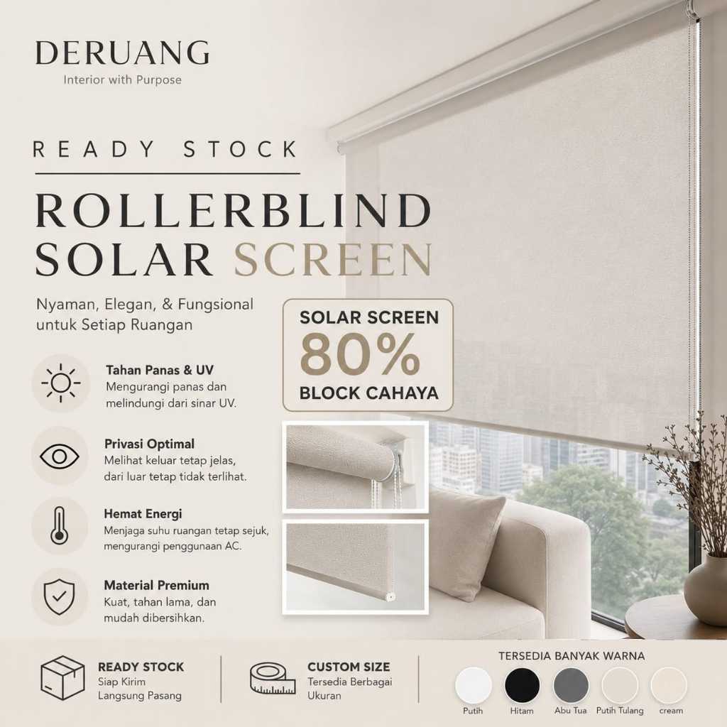 (READY STOK) Roller Blind Solarscreen Headrail Ukuran 100 120 150 200 - Tirai Outdoor Krey Gulung Cu