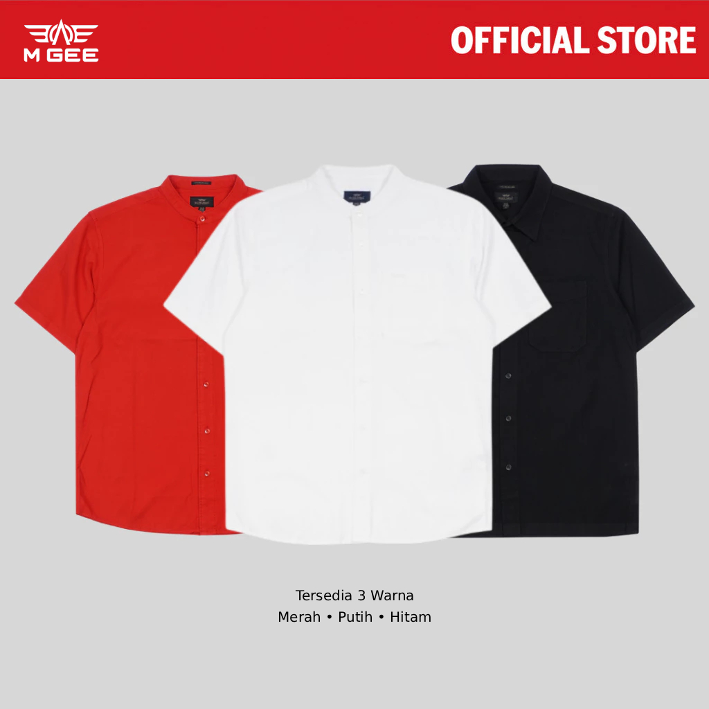 MGee Kemeja Pria Lengan Pendek Kerah Shanghai Katun Shirt PEACE Black Red White