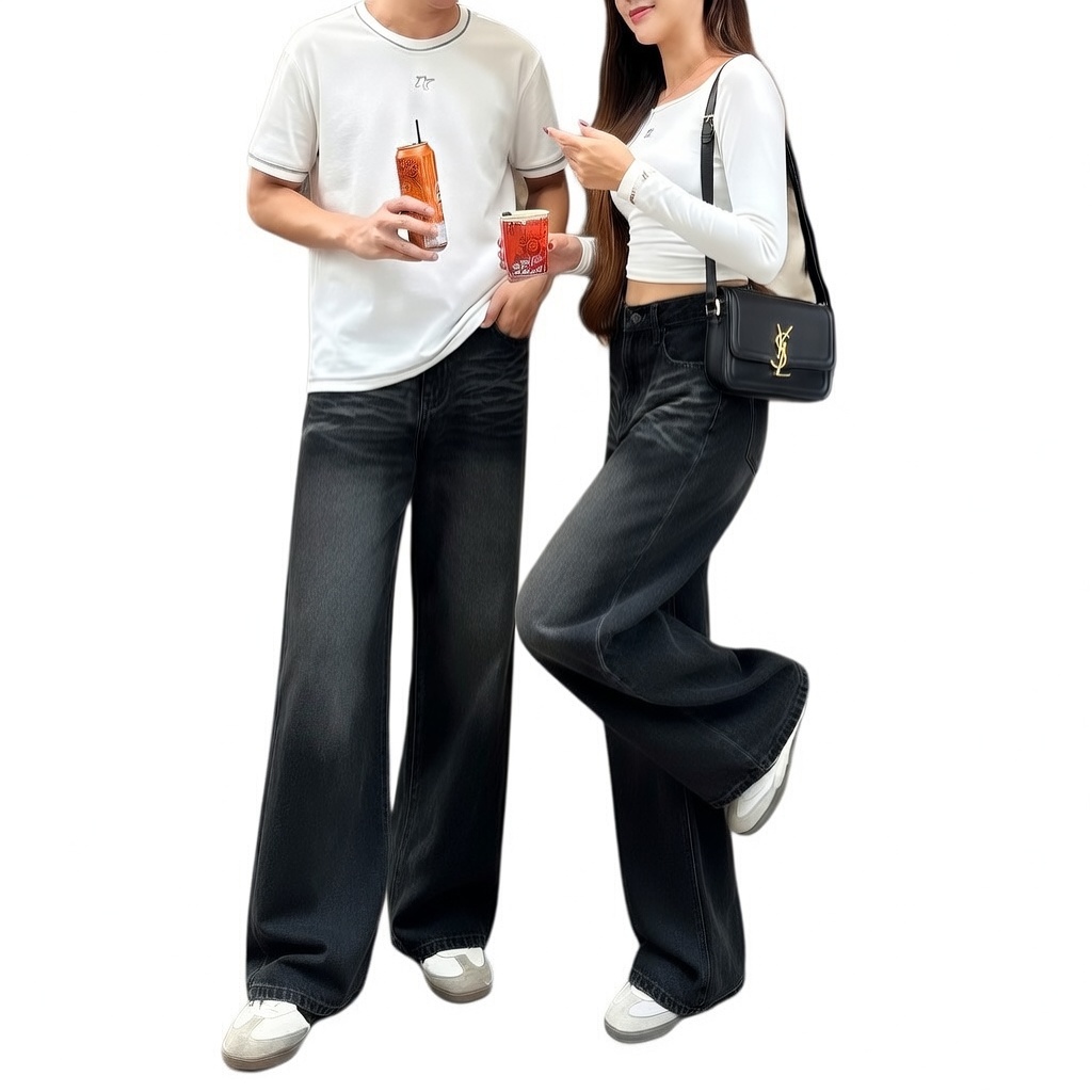 HIGHCLASS - Celana Jeans Panjang Pria Koreanstyle Celana Loosefit Wisker Retro/Baggy Jeans Pria Gomb