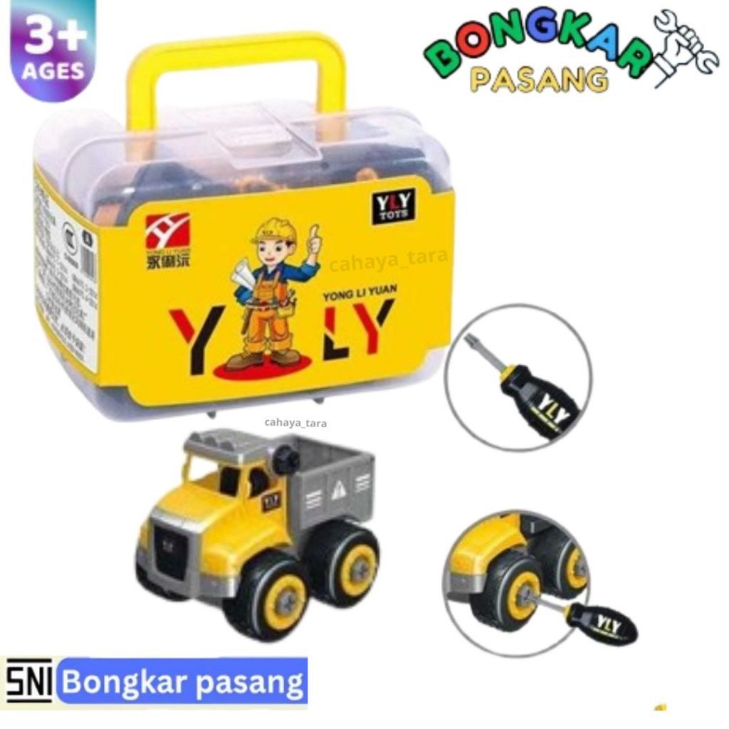 Mainan Bongkar Pasang Truk Konstruksi Kuning Obeng Baut Roda plus Box Mainan