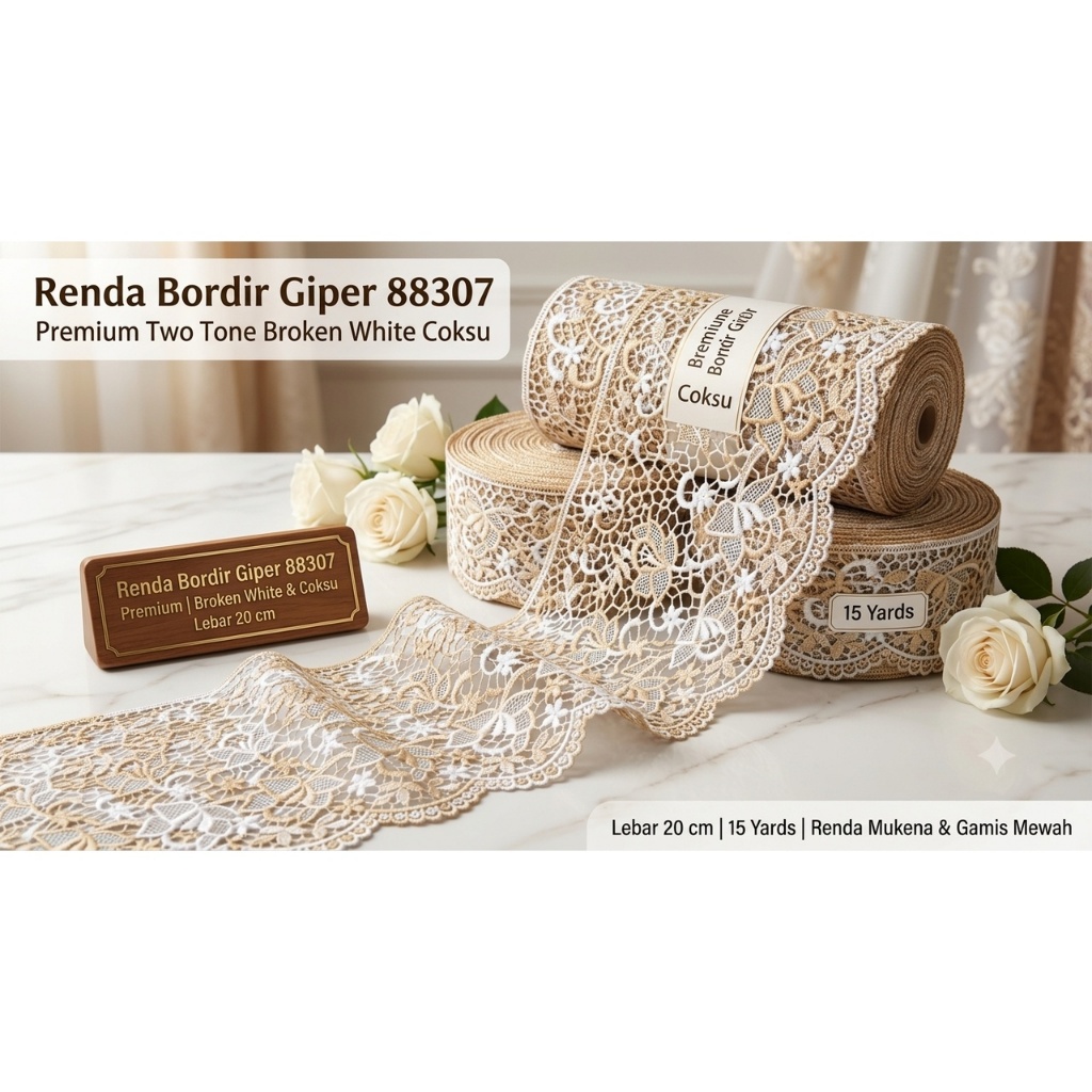 Renda Bordir Giper 88307 Premium Two Tone Broken White Coksu | Lebar 20 cm | 15 Yards | Renda Mukena