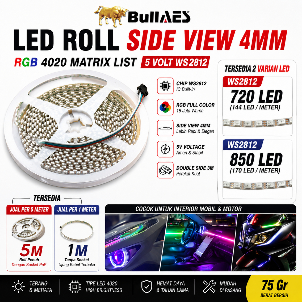 LED Strip Roll Side View 4mm RGB 4020 Matrix 5 Meter Bullaes 5V WS2812