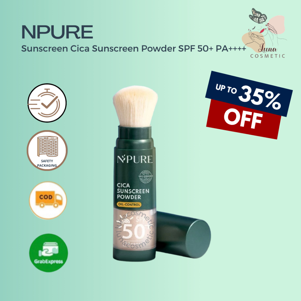 NPURE Sunscreen Cica Sunscreen Powder SPF 50+ PA++++ / Sunscreen Bedak & Brush / Sunscreen Bedak