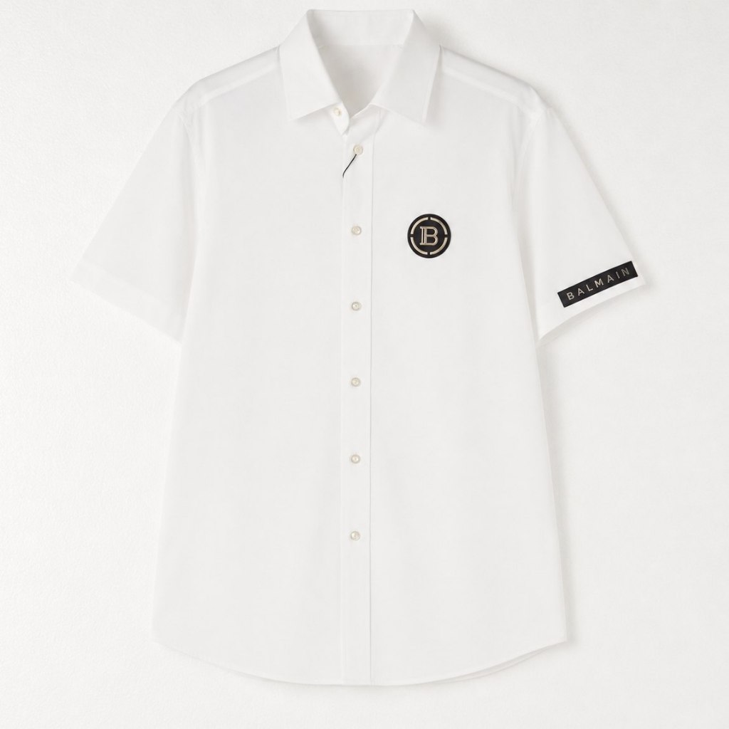 Kemeja BALMAIN METAL B POCKET TEXT SLEEVE BLACK WHITE SHIRT 100% ORIGINAL