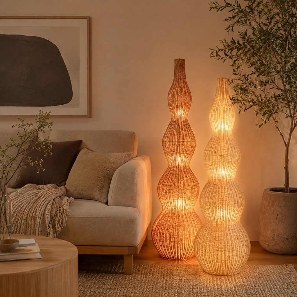 Lampu Lantai Rotan Handmade Estetik | Standing Floor Lamp Boho Scandinavian