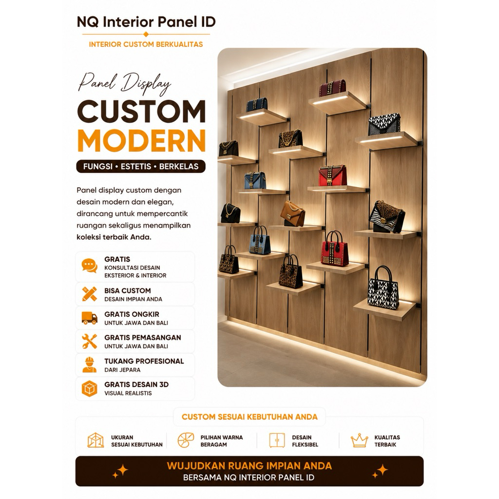 Panel Display Custom Minimalis | Rak Display Dinding LED | Display Tas Butik | Wall Display Premium