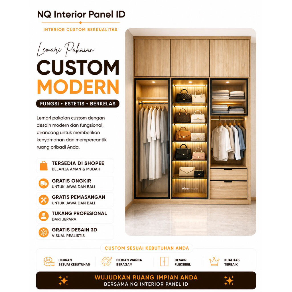 Lemari Pakaian Custom Minimalis | Wardrobe Built In Modern | Lemari Baju HPL Premium | Furniture Jep