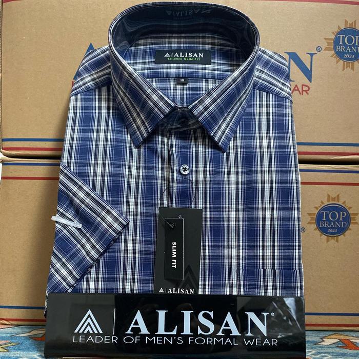 Kemeja Alisan Lengan Pendek Slimfit Motif Garis Kombinasi Kotak Pria