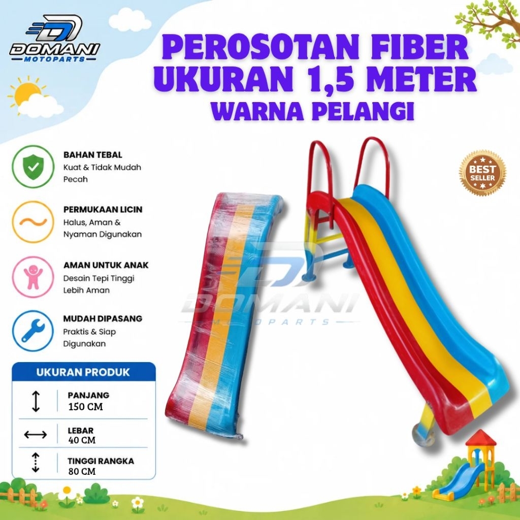 Perosotan Anak Fiber Pelangi 1,5 Meter + Rangka | Perosotan TK PAUD Playground Indoor Outdoor Peroso