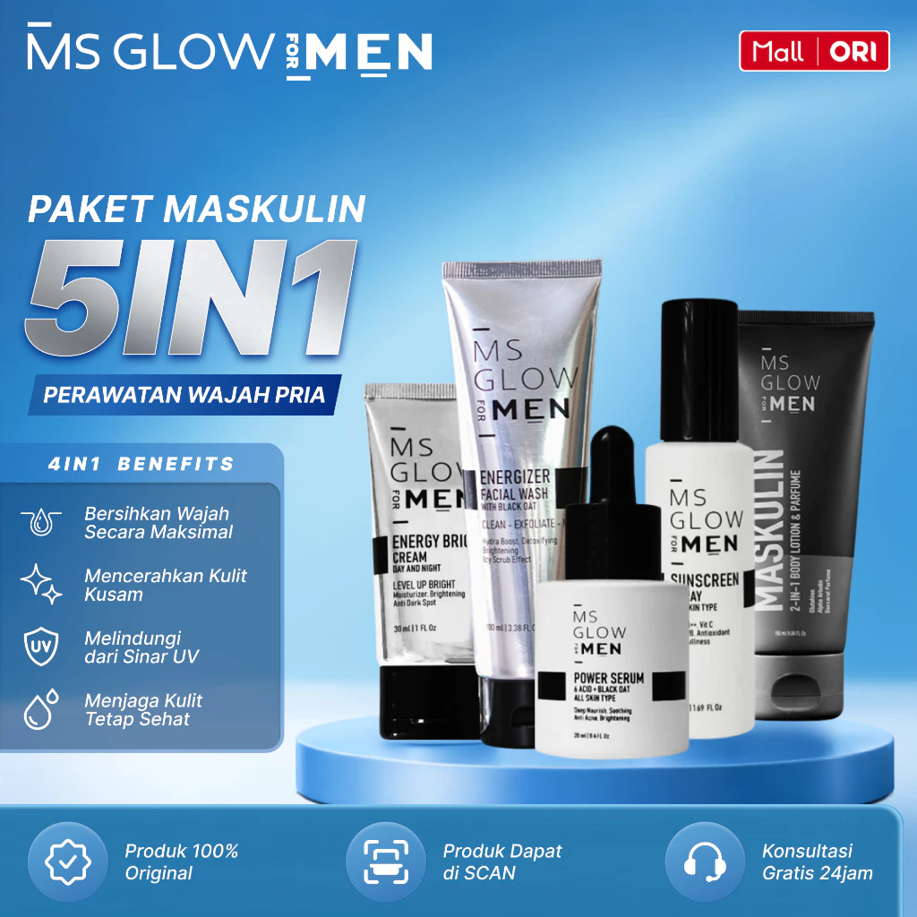 MS Glow For Men Paket Wajah Complete dan Basic - MS Glow Men Facial Wash - Serum - Cream - Sunscreen