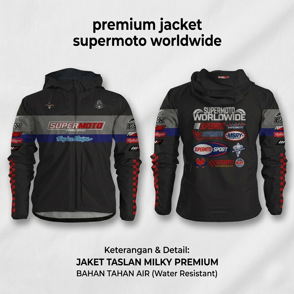JAKET SUPERMOTO BAHAN TASLAN MILKY BISA CUSTOM NAMA DAN LOGO