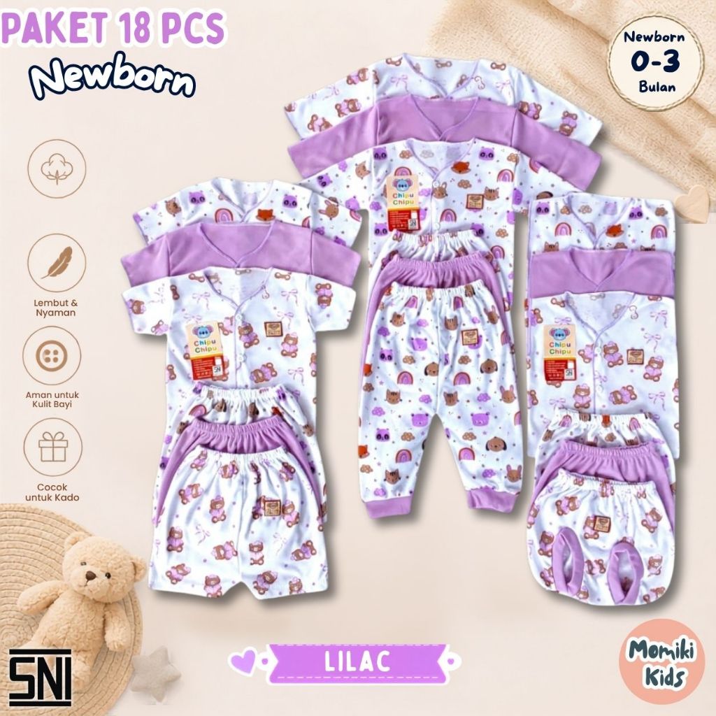 Baju Bayi Newborn Set 18 Pcs Seri Chipu Lilac Pakaian Baru Lahir Bahan Lembut Nyaman di Pakai