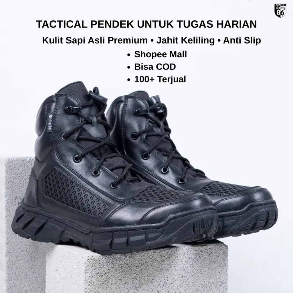 Army86 Raiders V2 Sepatu PDL Tactical Pendek Kulit Sapi Asli Premium | Jahit Keliling | TNI Polri Sa