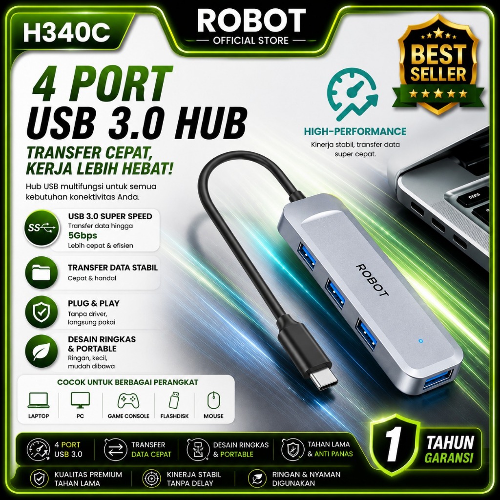 ROBOT H340C Usb Hub Type C 4 Port Usb 3.0 5Gbps