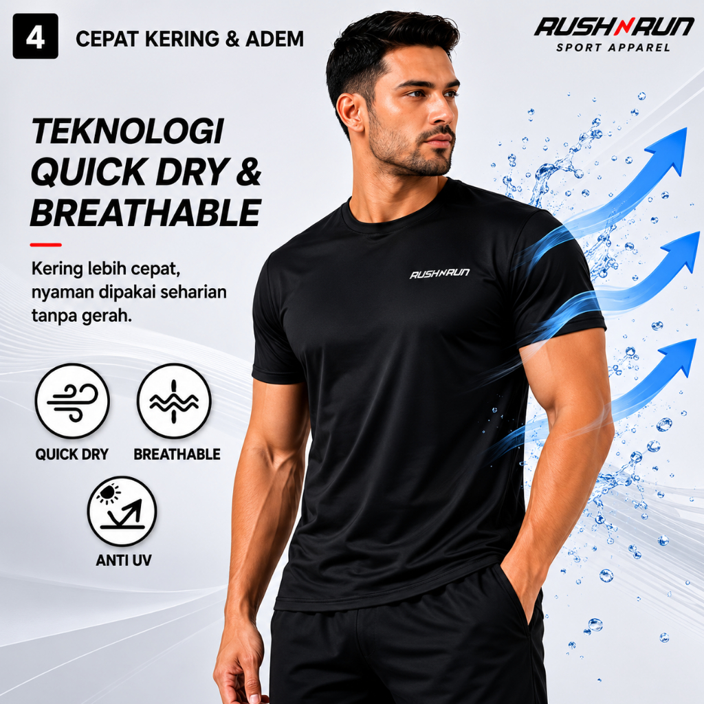 Rush n Run Baju Olahraga Lari Running Pria Lengan Pendek Bahan Dry Fit Fitness Gym Cowok