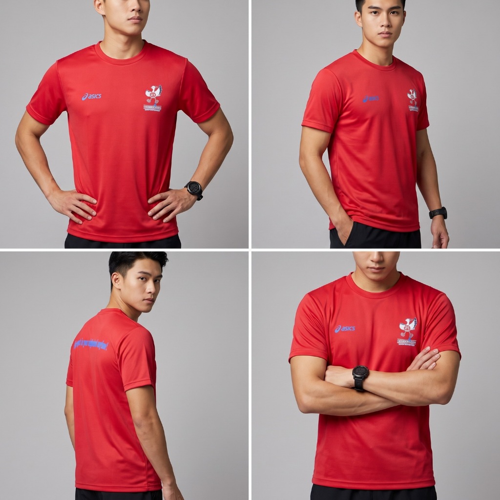Kaos Jersey Running Olahraga Pria ASICS SPORT CLUB Merah Size L-XL