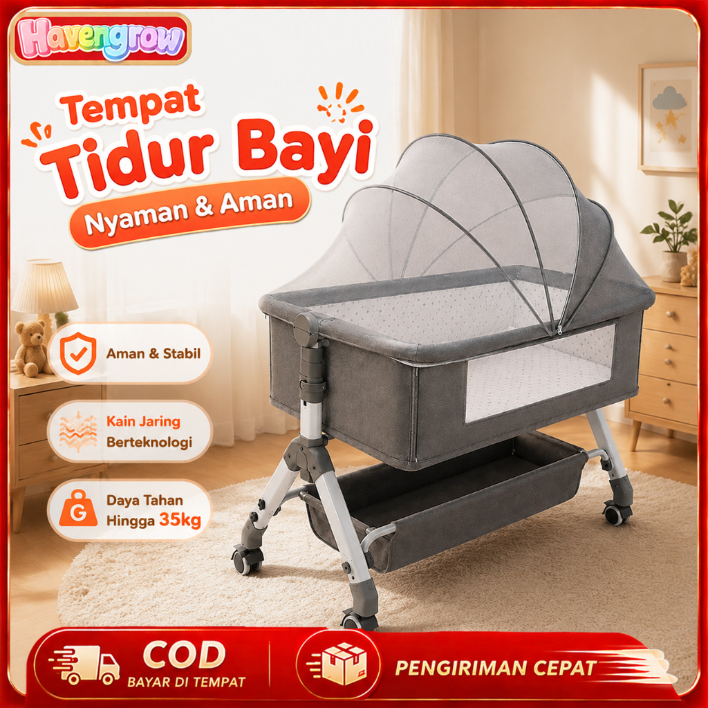 Box Bayi Tempat Tidur Bayi Ayun Multifungsi Lengkap Kasur Kelambu Roda Penyimpanan Daya Tahan 35kg A