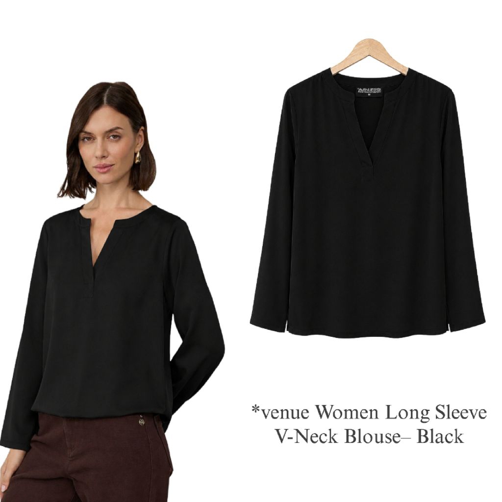 *VENUE Women Long Sleeve V-Neck Blouse-Black/Blouse Wanita Branded