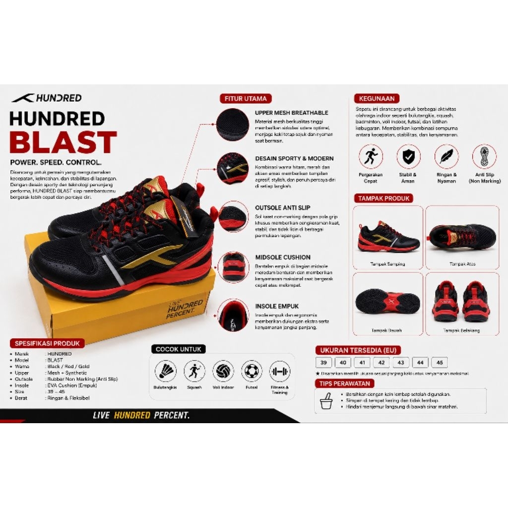 Sepatu Badminton HNDRD / Sepatu Badminton Hundred Blast Original